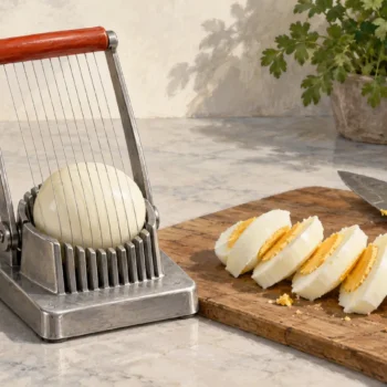 An egg slicer lowers parallel wires through one egg beside individually cut egg slices