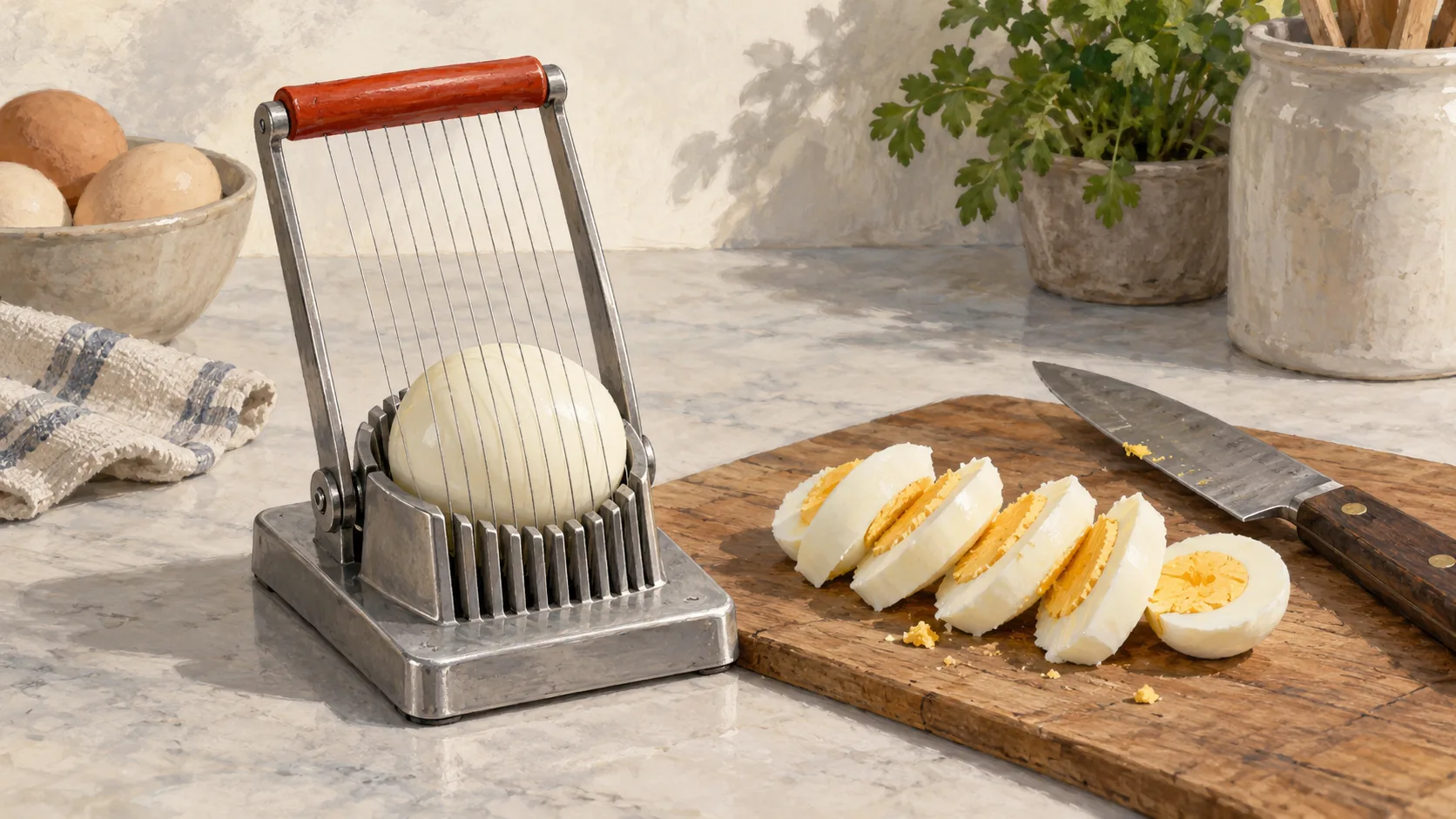 An egg slicer lowers parallel wires through one egg beside individually cut egg slices