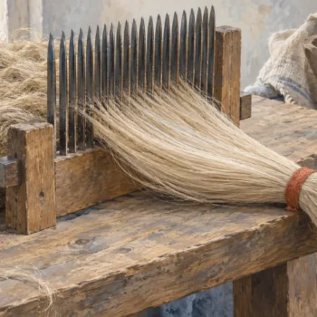 A flax comb with finished fibers held aside by a small retaining band
