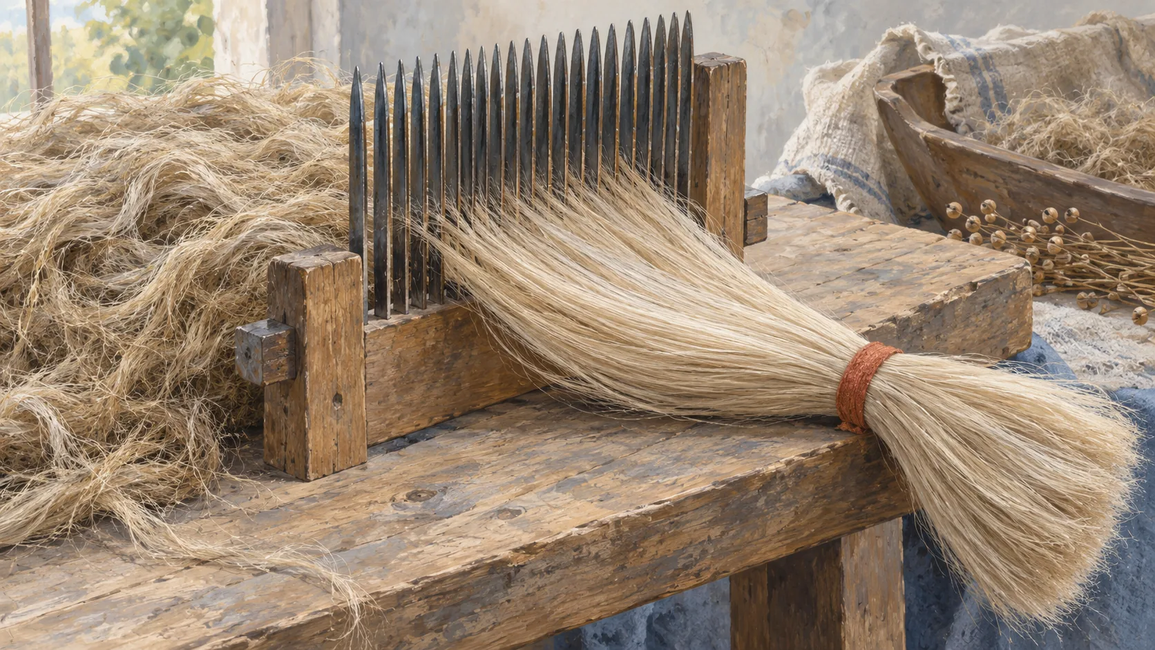 A flax comb with finished fibers held aside by a small retaining band