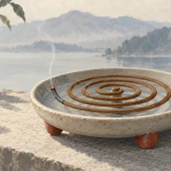 A single incense coil burns at one tip while its long unburned continuation remains intact