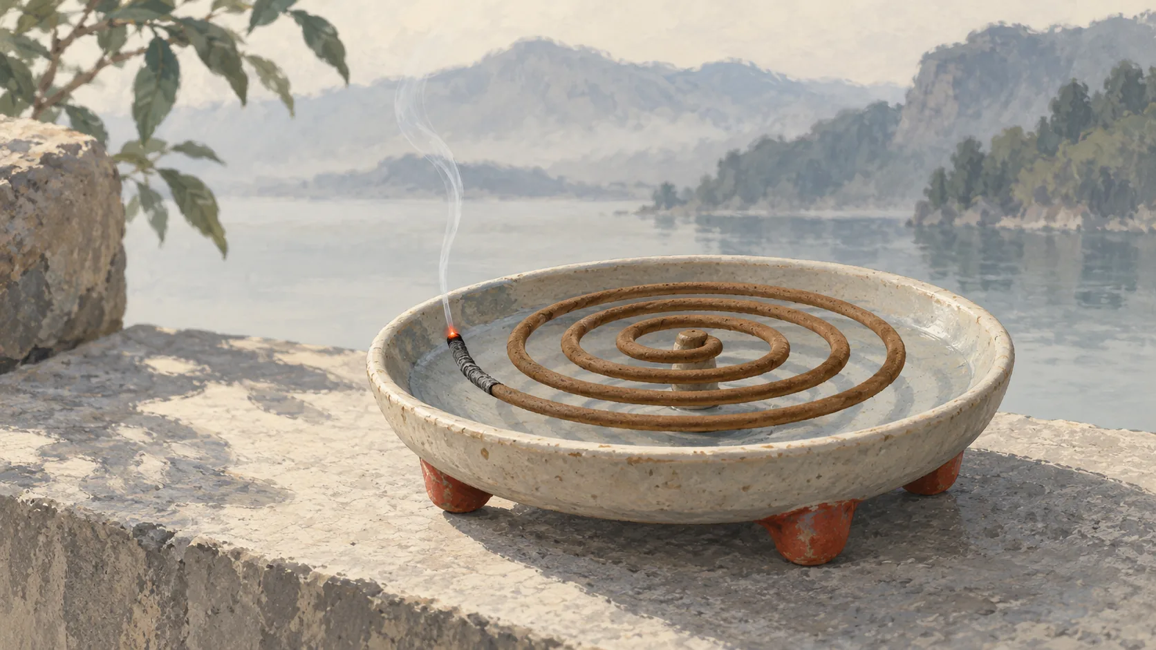 A single incense coil burns at one tip while its long unburned continuation remains intact