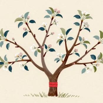 A whole flowering branch grafted onto a new limb of an apple tree, the joint wrapped in red tape