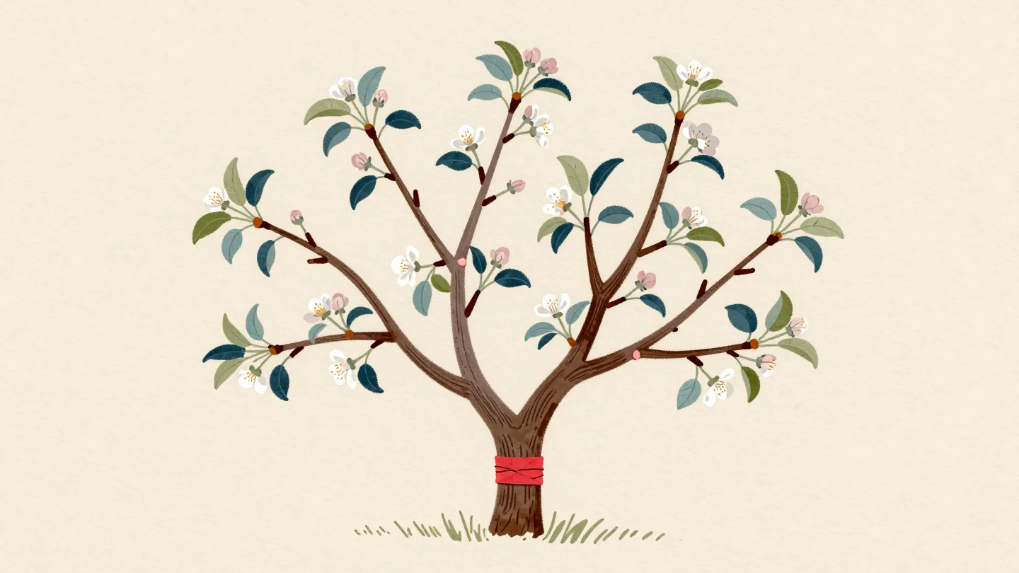 A whole flowering branch grafted onto a new limb of an apple tree, the joint wrapped in red tape