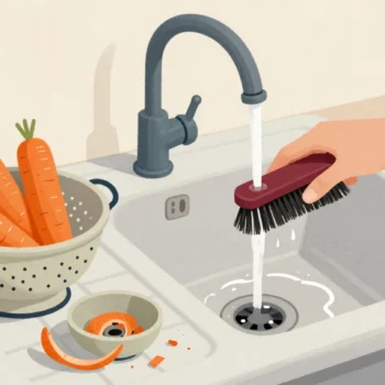 Muddy carrots scrubbed in a farmhouse sink, a colander of clean carrots on the drainboard and peelings in a bowl.