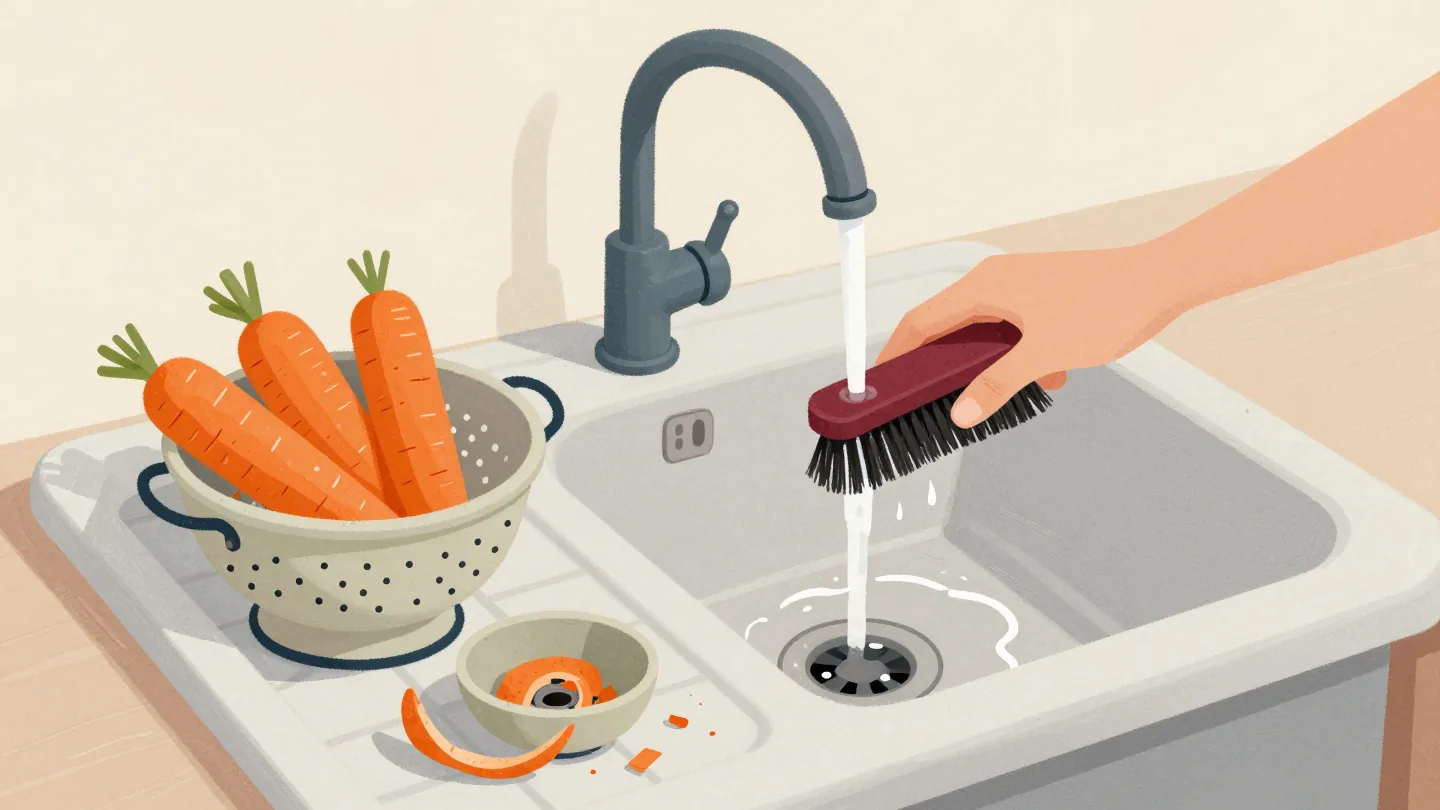 Muddy carrots scrubbed in a farmhouse sink, a colander of clean carrots on the drainboard and peelings in a bowl.