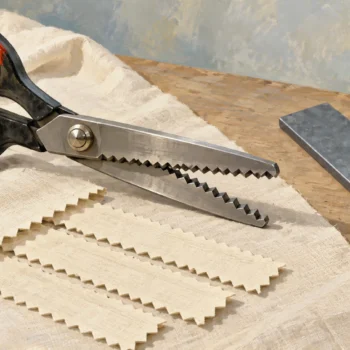 Pinking shears cut matching fabric strips while a rigid metal strip remains outside the blades