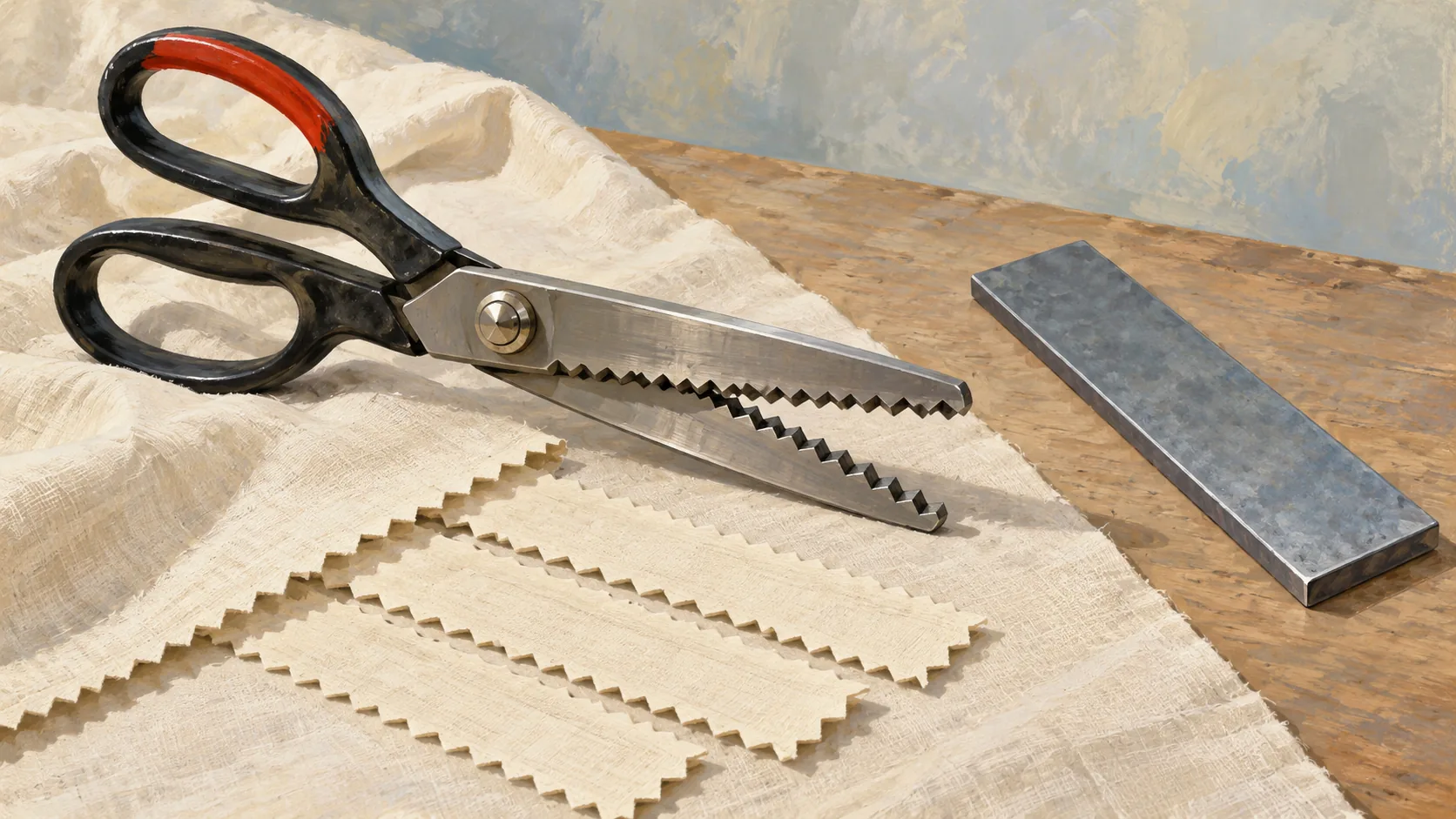 Pinking shears cut matching fabric strips while a rigid metal strip remains outside the blades