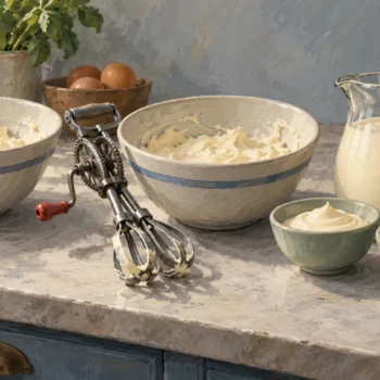 A rotary egg beater rests between separate mixing bowls and a jug of already beaten mixture