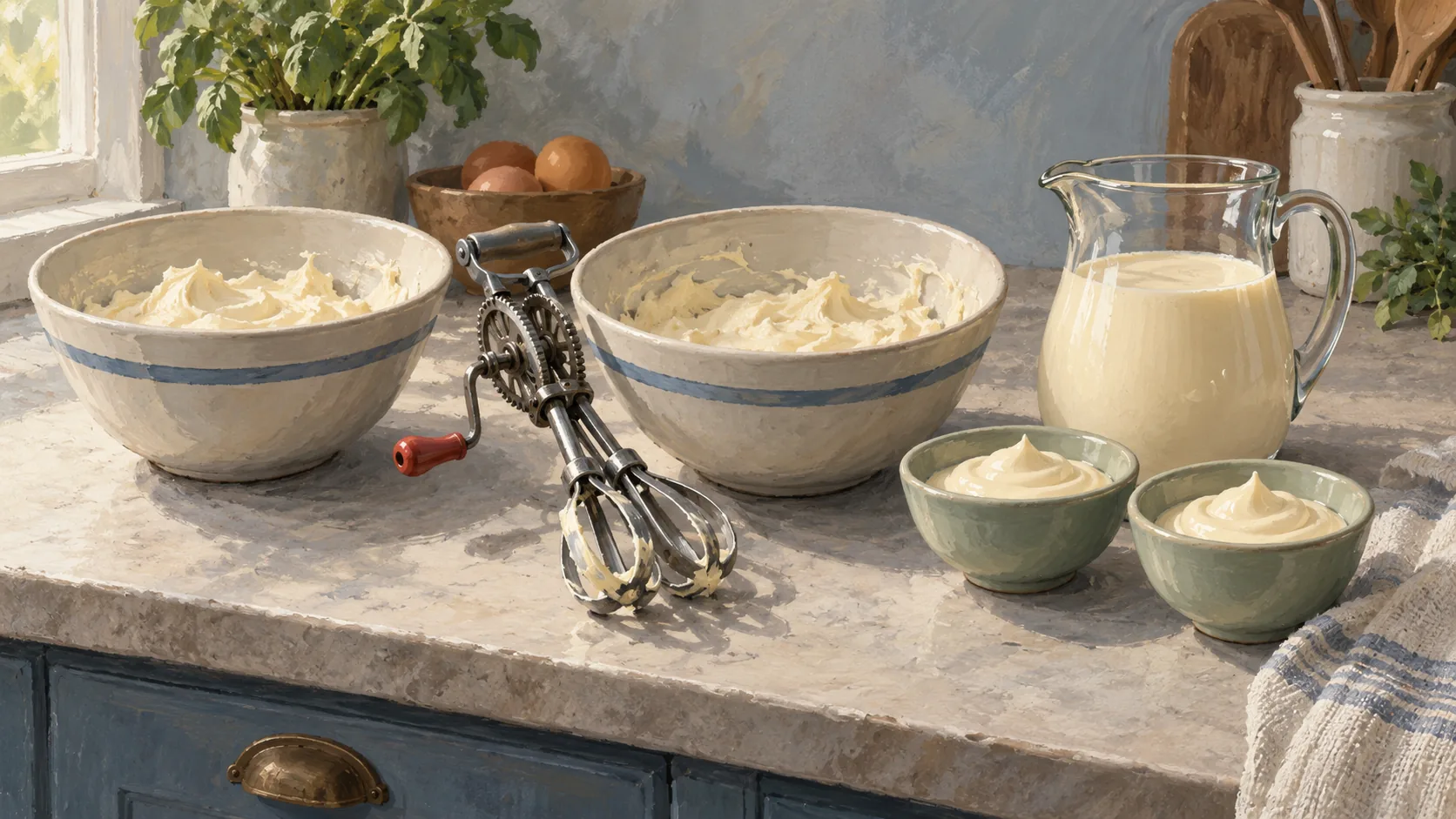 A rotary egg beater rests between separate mixing bowls and a jug of already beaten mixture