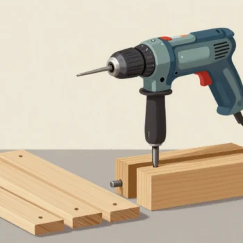 A wooden drilling jig clamped to a workbench guiding a drill, three finished boards with identical holes stacked beside it.