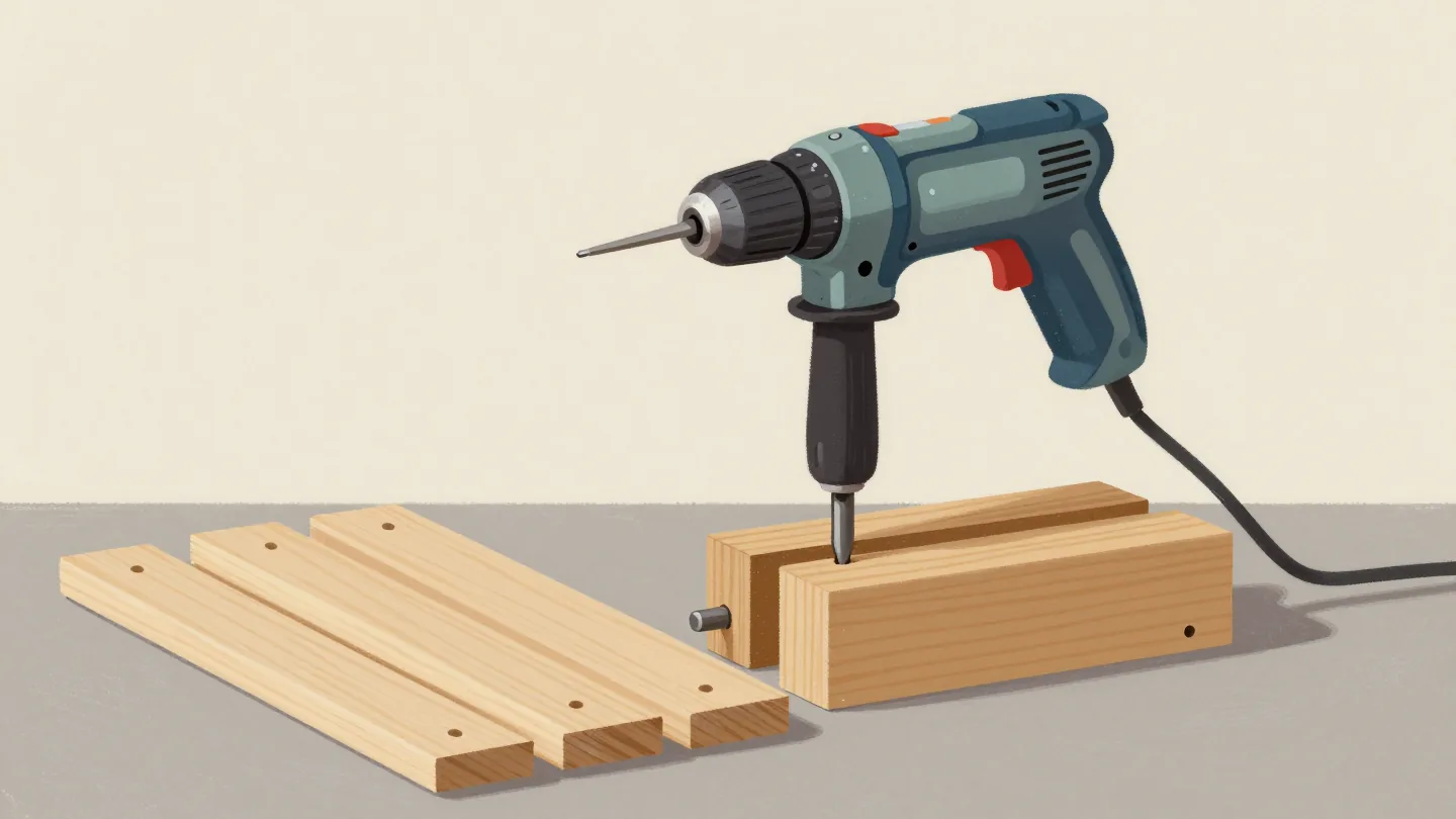 A wooden drilling jig clamped to a workbench guiding a drill, three finished boards with identical holes stacked beside it.