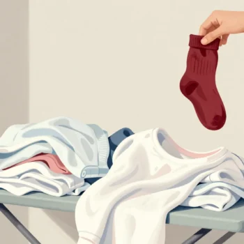 A pile of washed white laundry turned pink, a hand holding up the single red sock that caused it.