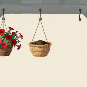Three porch hooks: a flowering basket, a basket of bare soil, and one empty hook with nothing on it.