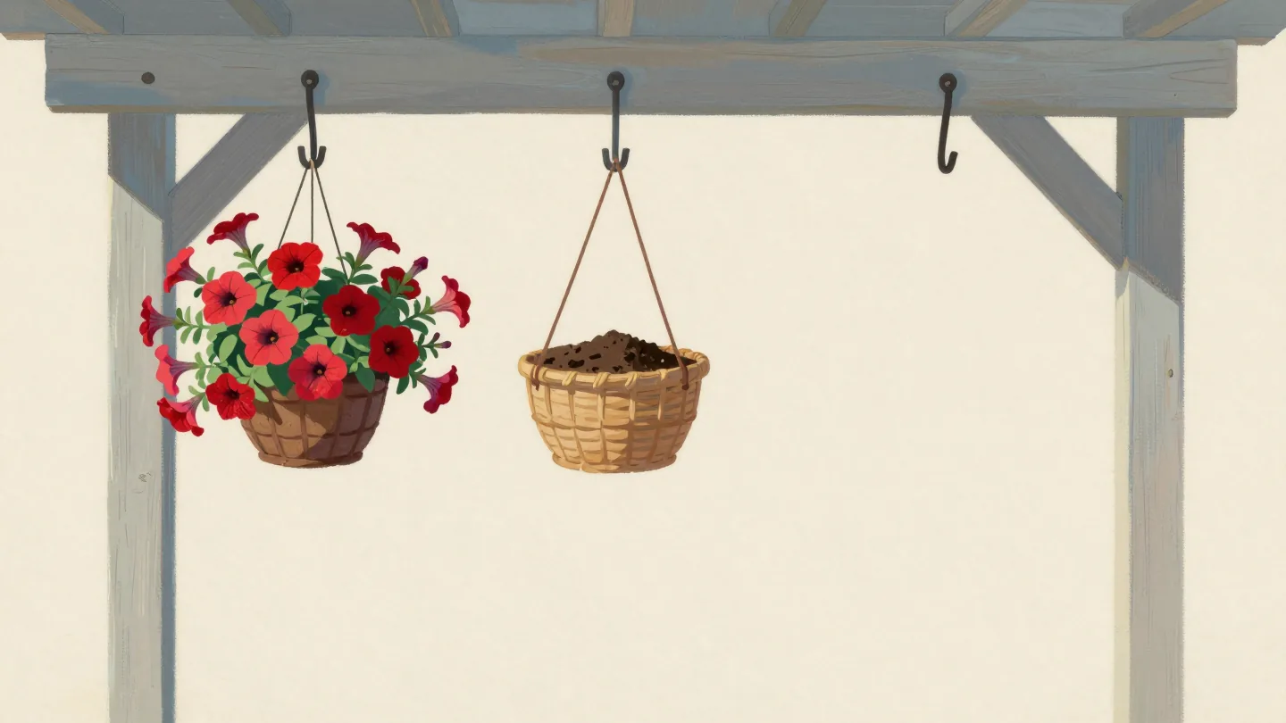 Three porch hooks: a flowering basket, a basket of bare soil, and one empty hook with nothing on it.
