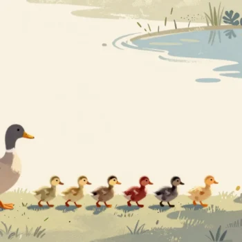 A mother duck leading ducklings across a lawn, one duckling following another toward the pond