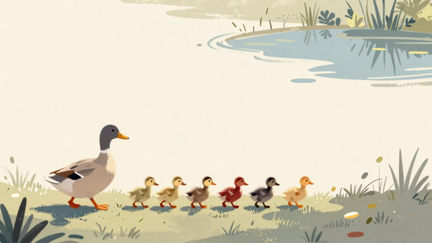 A mother duck leading ducklings across a lawn, one duckling following another toward the pond