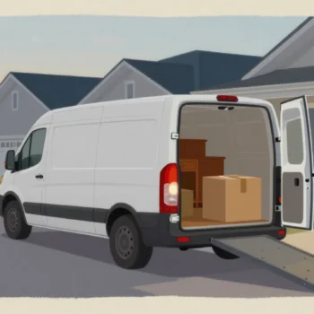 A moving van at the open door of a new house at dusk, one last box on the ramp