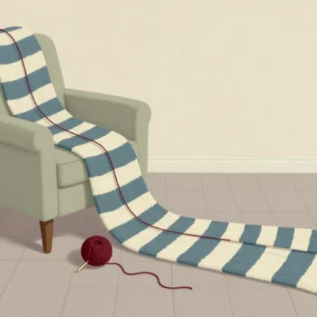 A very long striped knitted scarf trailing from an armchair across the floor, needles still in the last row