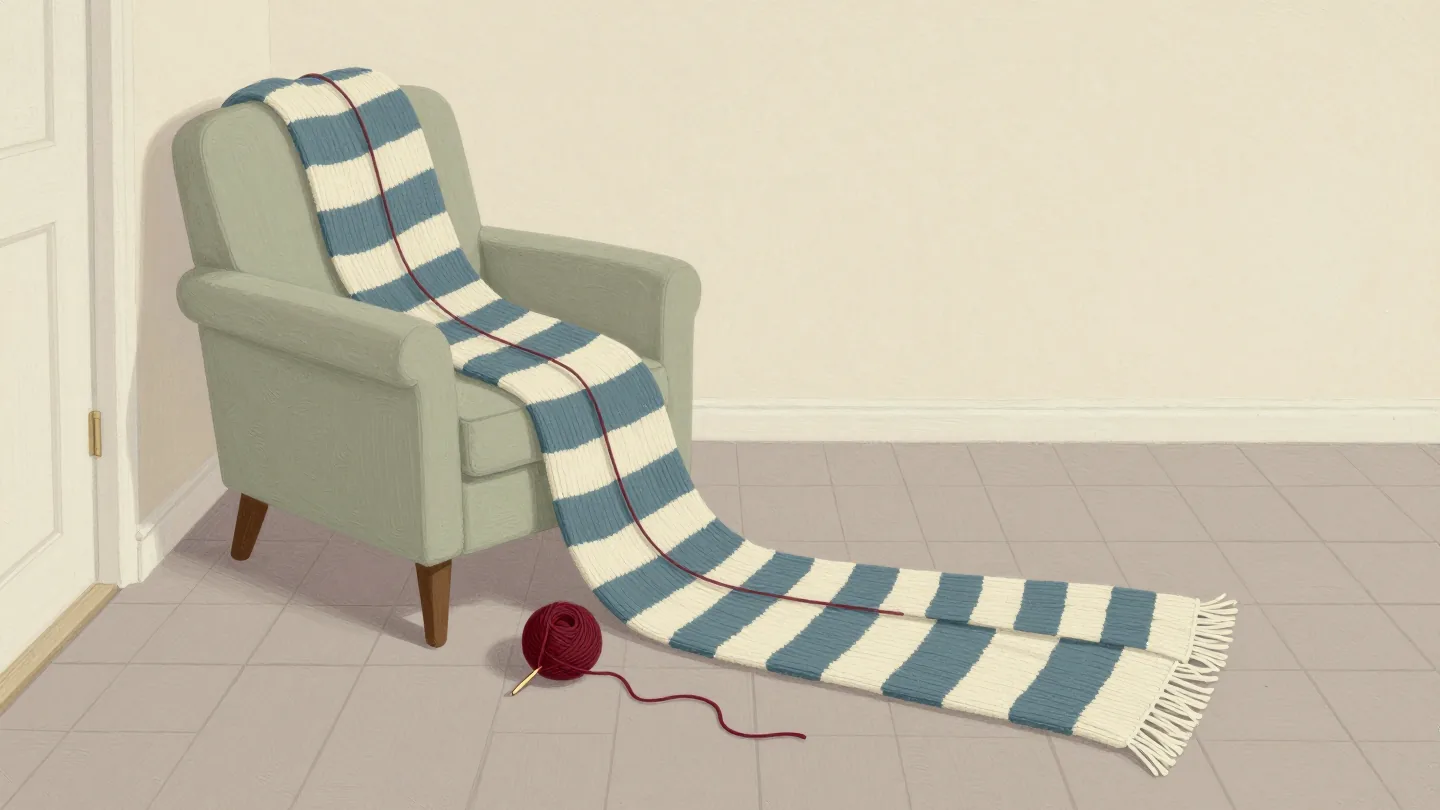 A very long striped knitted scarf trailing from an armchair across the floor, needles still in the last row