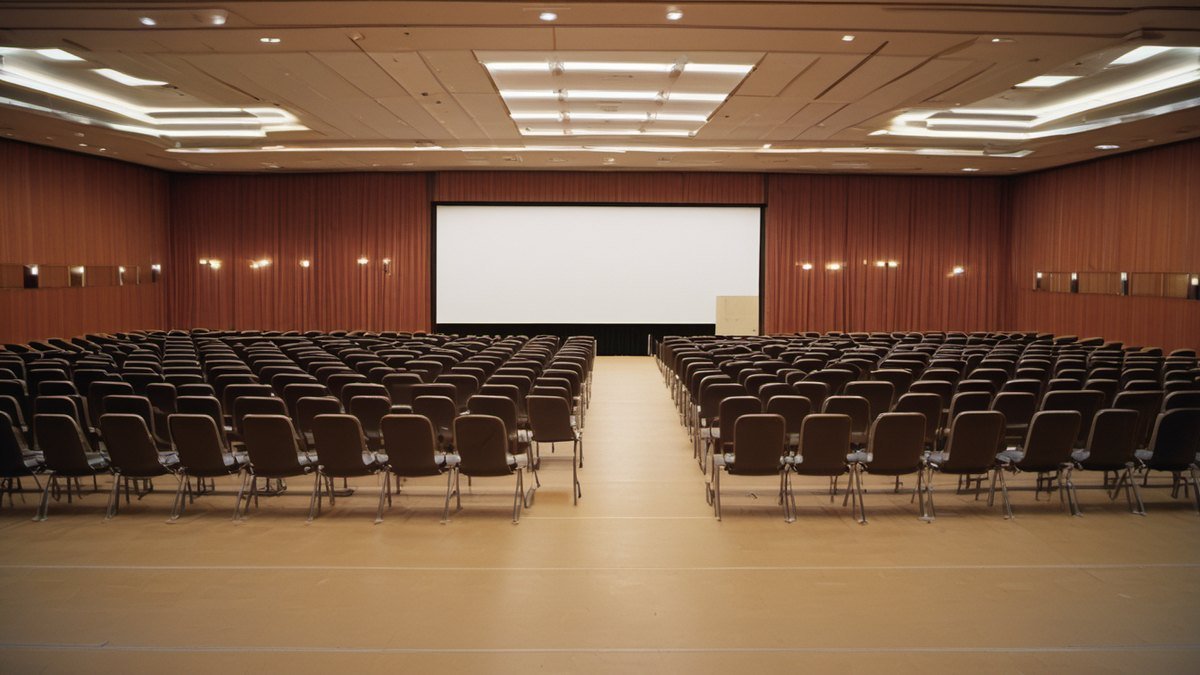 Empty conference hall with rows of chairs facing a screen before the event