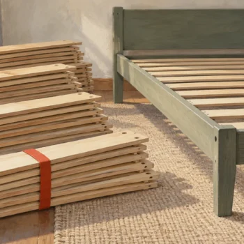 Repeated bundles of loose bed slats sit beside the compact assembled bed frame