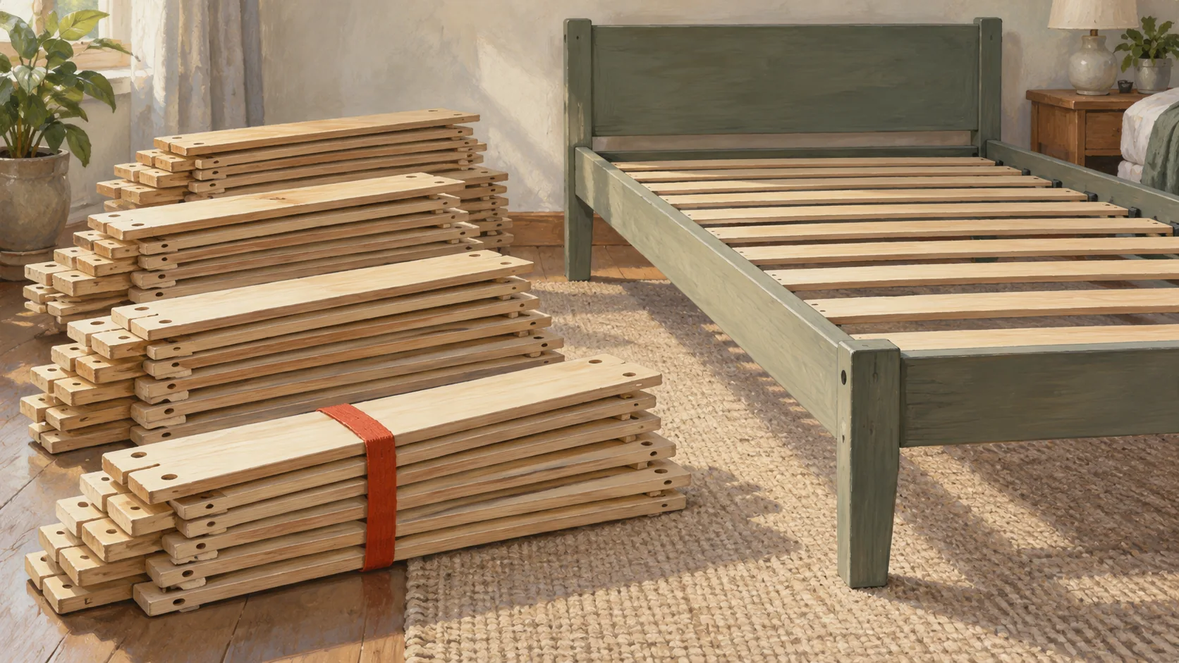 Repeated bundles of loose bed slats sit beside the compact assembled bed frame