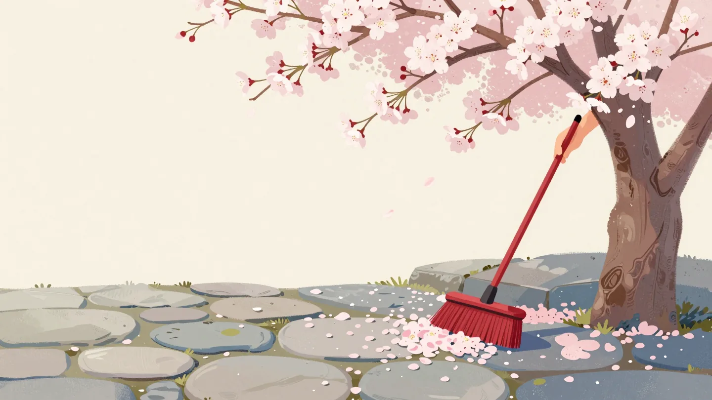 A hand sweeping fallen cherry petals off a stone path with a red broom as new petals drift down
