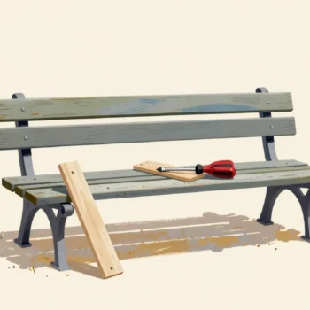 Hands fitting a new wider slat into an old park bench, the old slat leaning beside it
