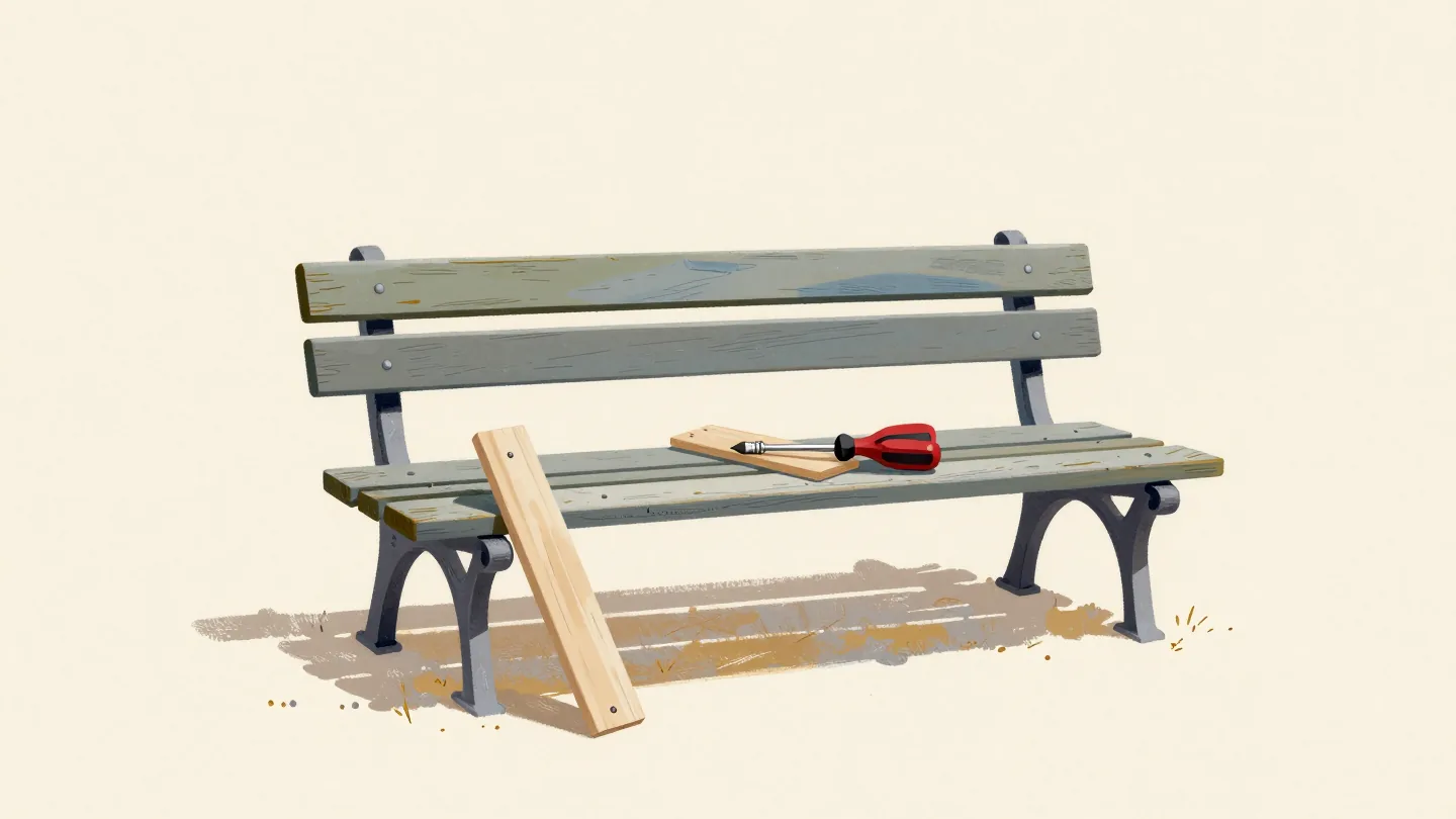 Hands fitting a new wider slat into an old park bench, the old slat leaning beside it