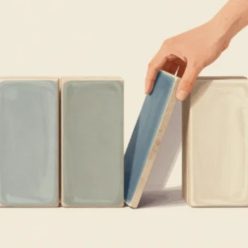 Glazed tiles sorted into tall single-color stacks in a workshop, a hand lifting the whole blue stack from the row.