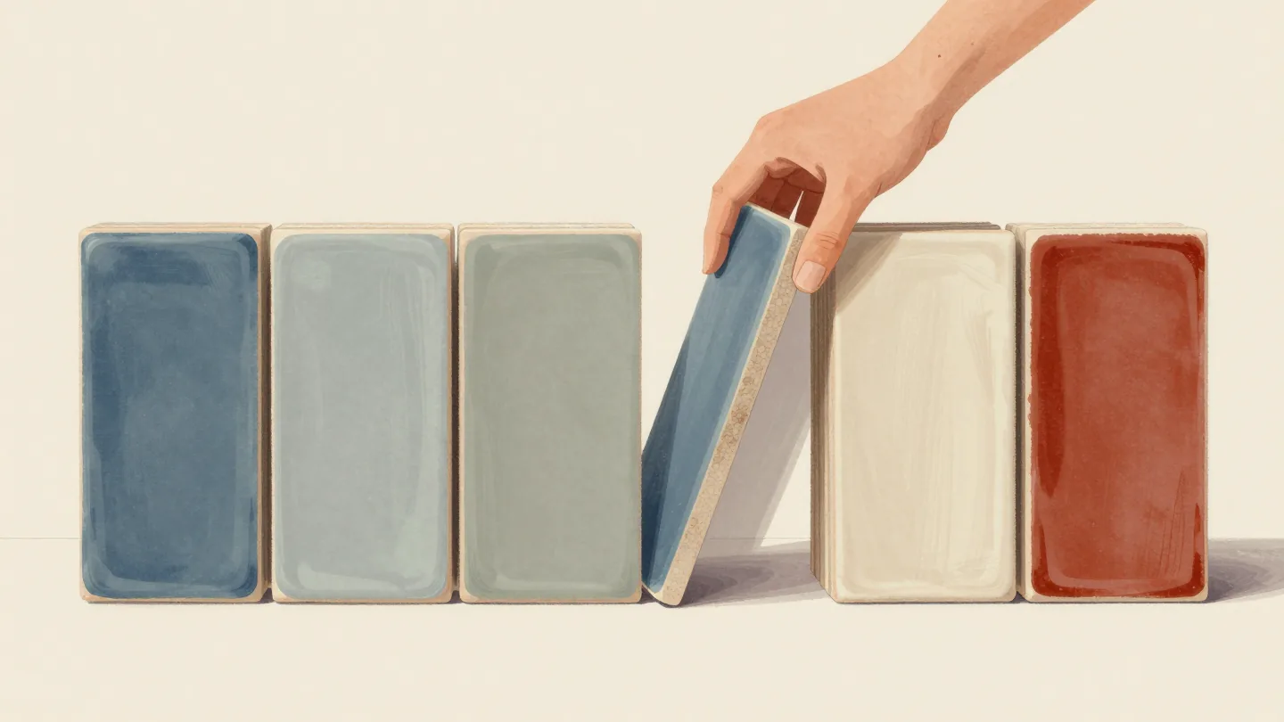 Glazed tiles sorted into tall single-color stacks in a workshop, a hand lifting the whole blue stack from the row.