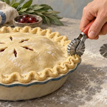 A pastry crimper seals a pie edge through its fixed toothed shape beside unused decorative cutters
