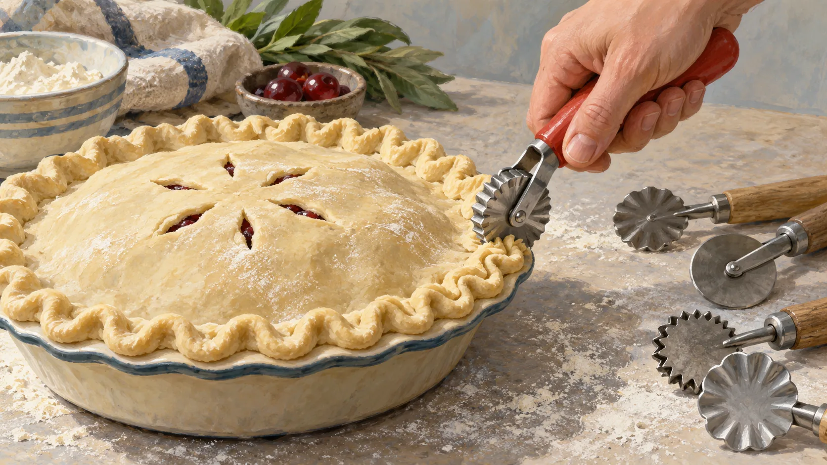 A pastry crimper seals a pie edge through its fixed toothed shape beside unused decorative cutters