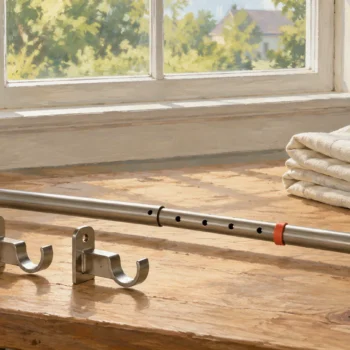 An adjustable curtain rod aligns repeated mounting holes before the curtains are fitted