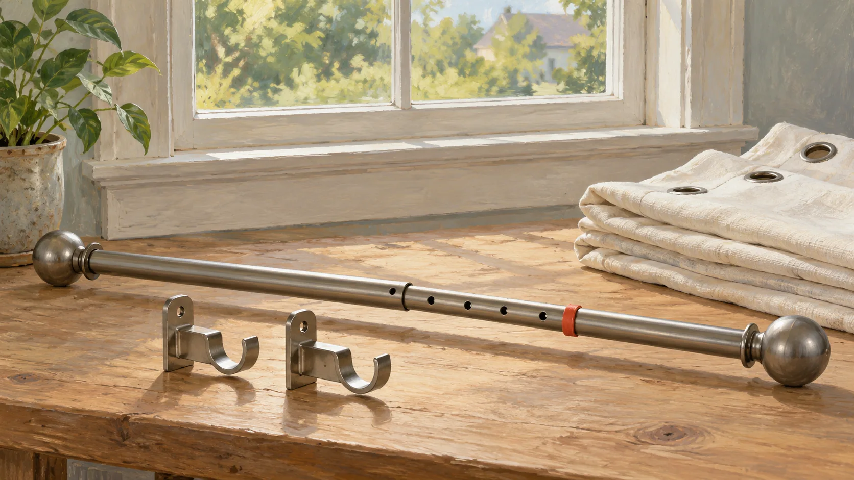 An adjustable curtain rod aligns repeated mounting holes before the curtains are fitted
