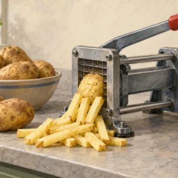 A French fry cutter holds a potato against fixed blades with neatly cut pieces beneath it