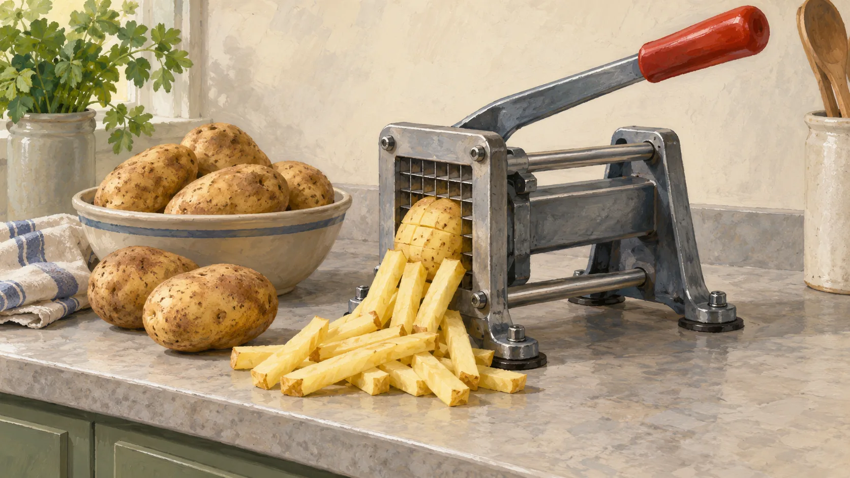 A French fry cutter holds a potato against fixed blades with neatly cut pieces beneath it
