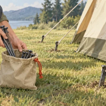 An open tent peg pouch receives loose pegs while installed pegs stay firmly in the ground