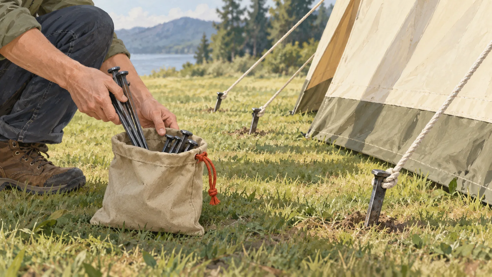 An open tent peg pouch receives loose pegs while installed pegs stay firmly in the ground