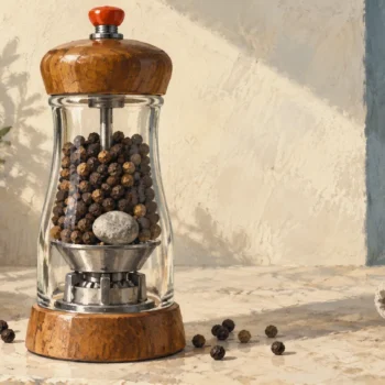 A pepper mill holds peppercorns above its mechanism with an unsuitable pebble caught before grinding