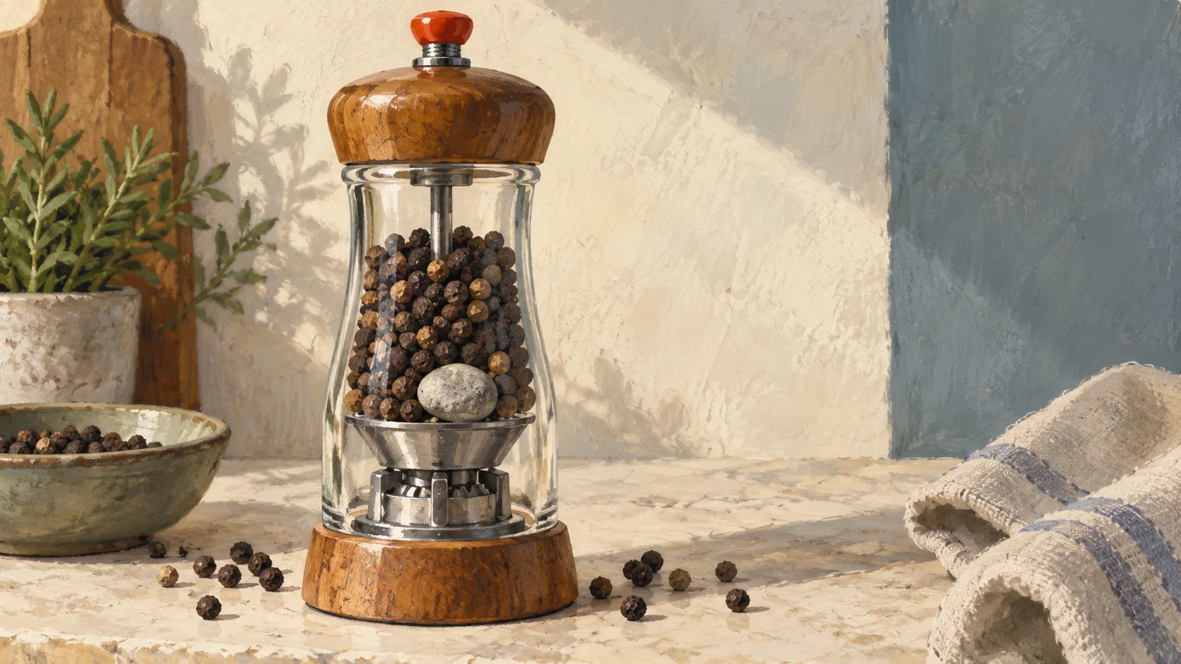 A pepper mill holds peppercorns above its mechanism with an unsuitable pebble caught before grinding