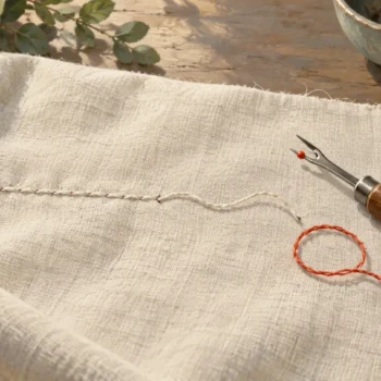 A seam ripper rests at an interrupted line of stitching with loose thread and unfinished cloth