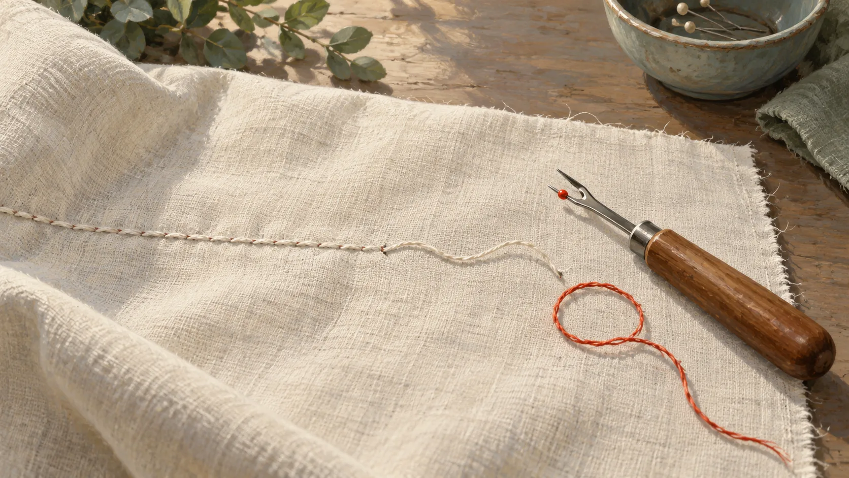A seam ripper rests at an interrupted line of stitching with loose thread and unfinished cloth