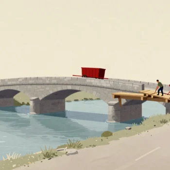 A finished stone bridge beside an old wooden bridge over a river, workers placing the last span to meet the road