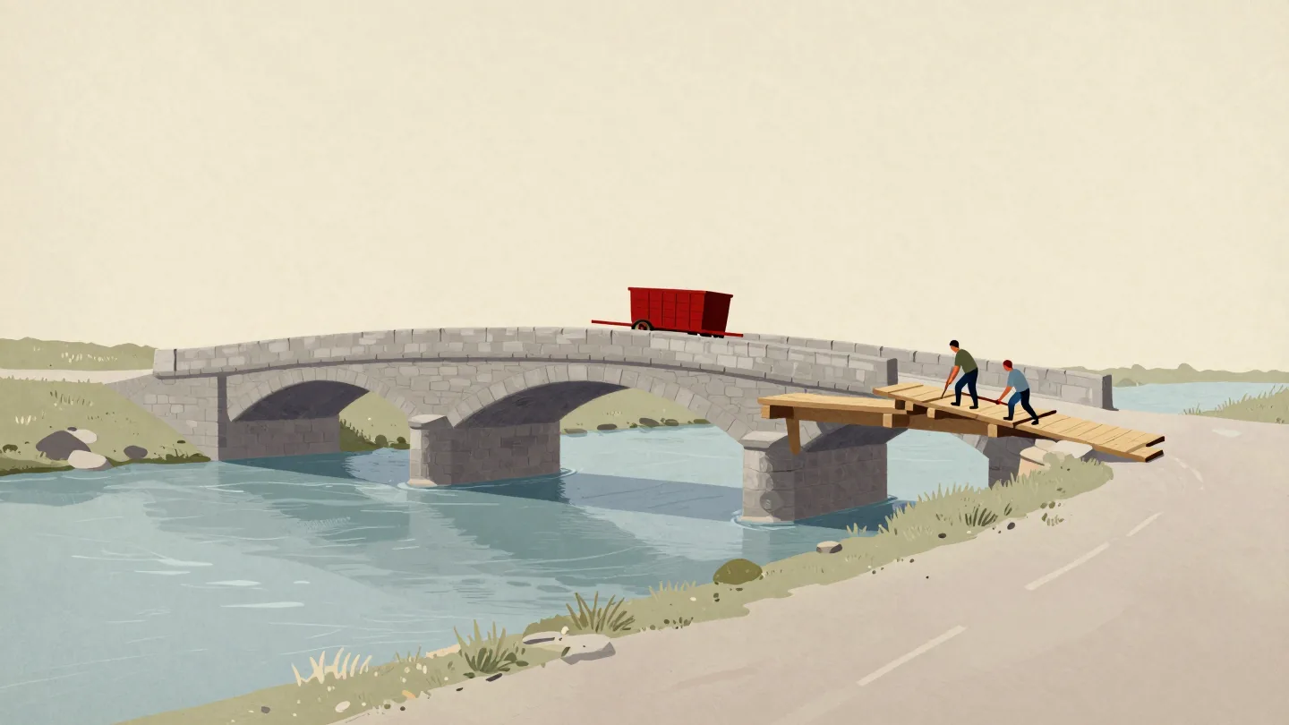 A finished stone bridge beside an old wooden bridge over a river, workers placing the last span to meet the road