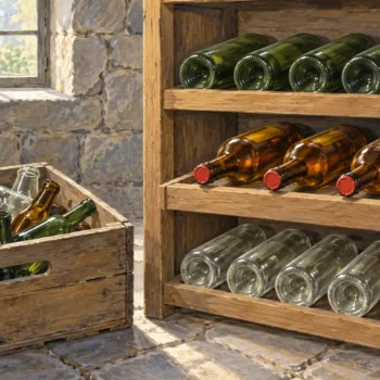 Mixed bottles in a crate beside a sorted wooden wine rack, with three wax-sealed amber bottles drawn out together