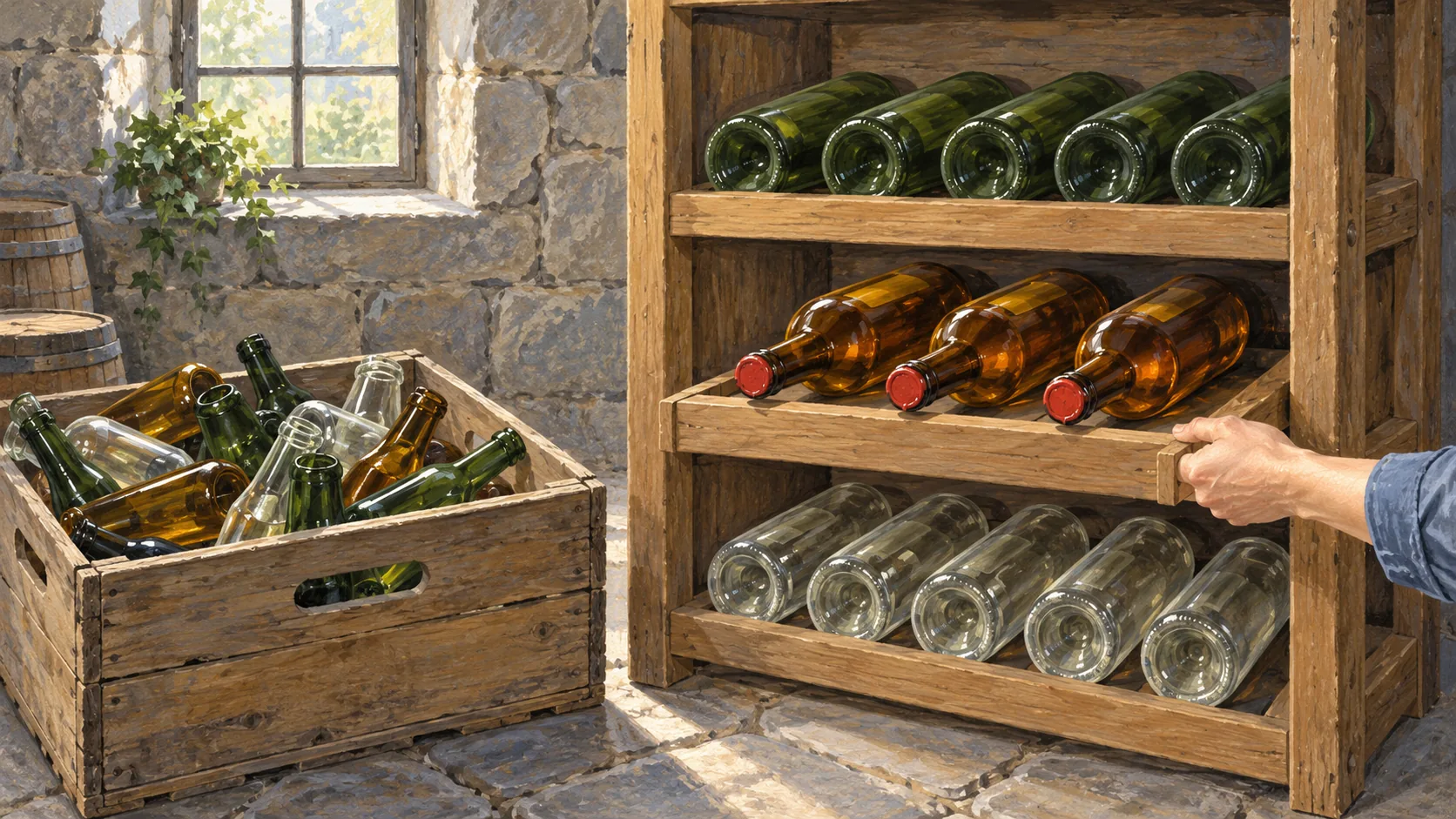 Mixed bottles in a crate beside a sorted wooden wine rack, with three wax-sealed amber bottles drawn out together