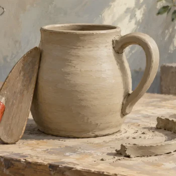 A pottery rib shapes a clay vessel beside a trimmed clay strip and a newly attached clay handle