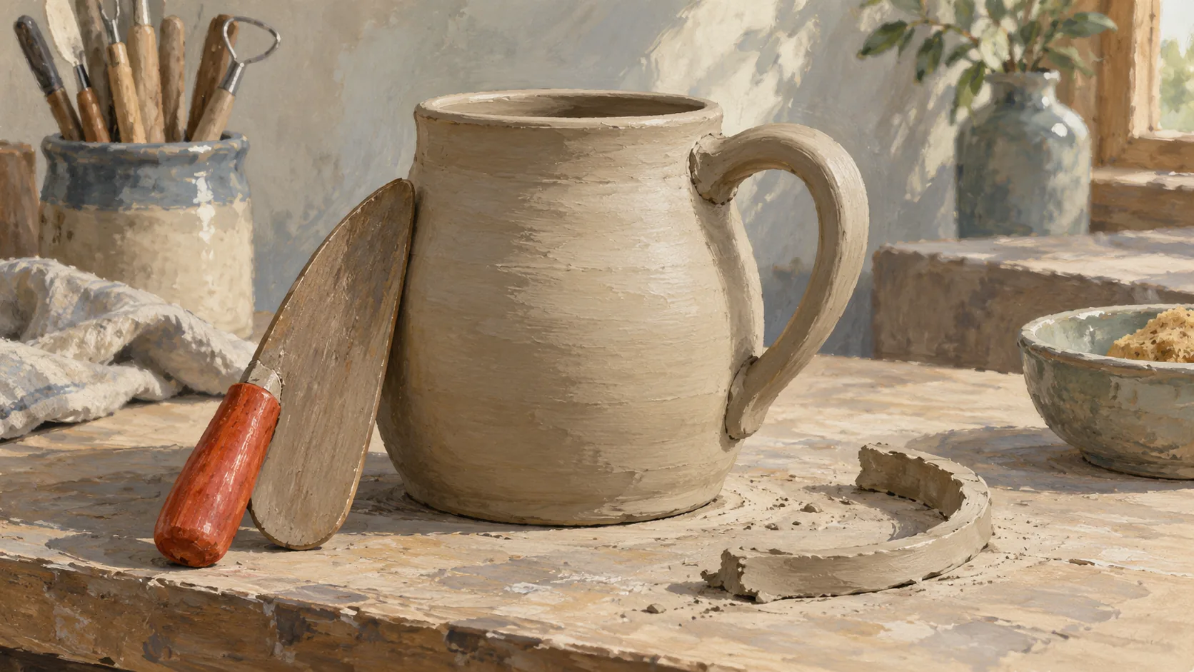A pottery rib shapes a clay vessel beside a trimmed clay strip and a newly attached clay handle